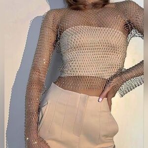 Gold Rhinestones Mesh Metallic Crop Top Bell Sleeve Sexy Glam Festival One Size